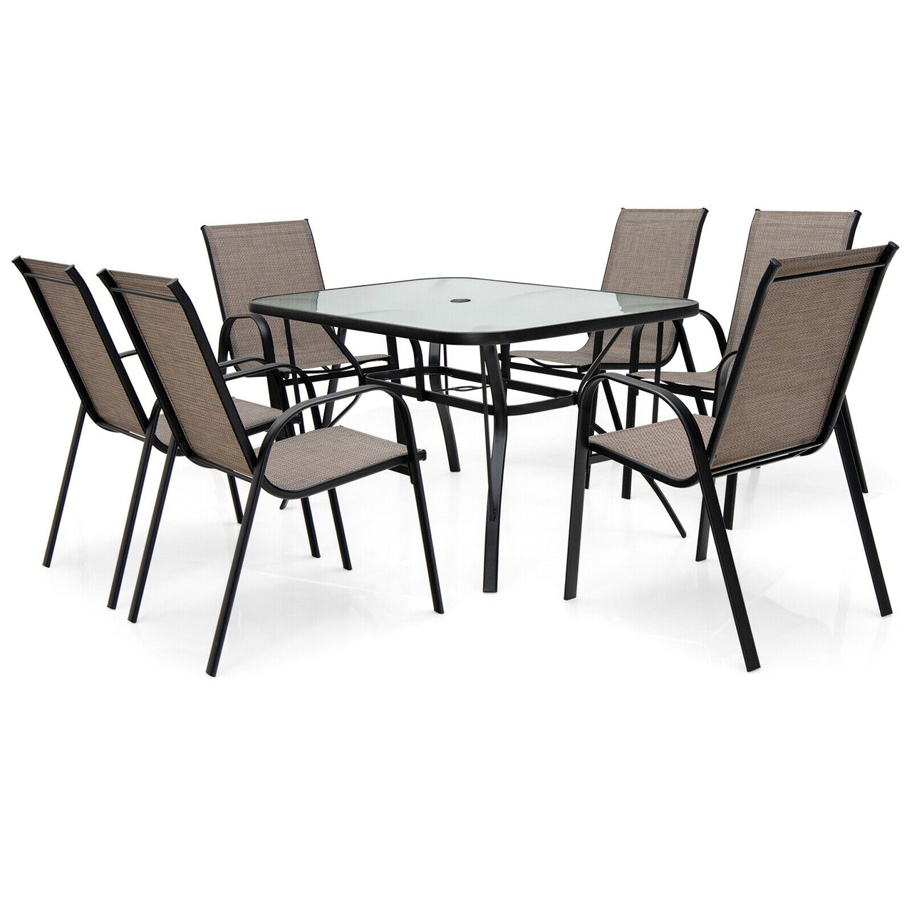 7-Piece Outdoor Patio Dining Set 6 Chairs Rectangular Table Brown Black